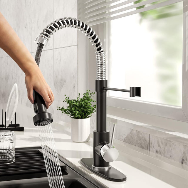 IBOFYY Single Handle Commercial Kitchen Sink Faucet with Multifunctional Pull-Down Spout (Black Nickel)