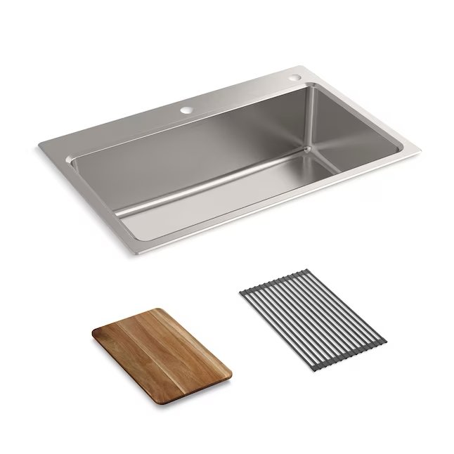 KOHLER Prologue Dual-mount 33-in x 22-in Stainless Steel Single Bowl 2-Hole Workstation Kitchen Sink with Drainboard