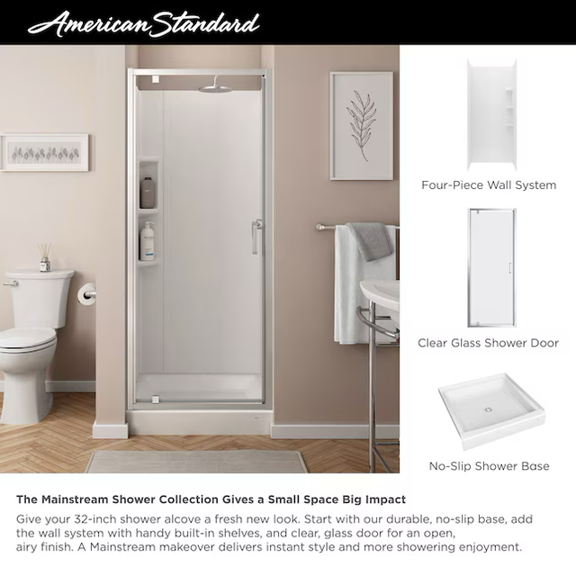 American Standard Mainstream Polished Chrome 29-5/8-in to 31-3/16-in W x 72.12-in H Semi-frameless Hinged Shower Door