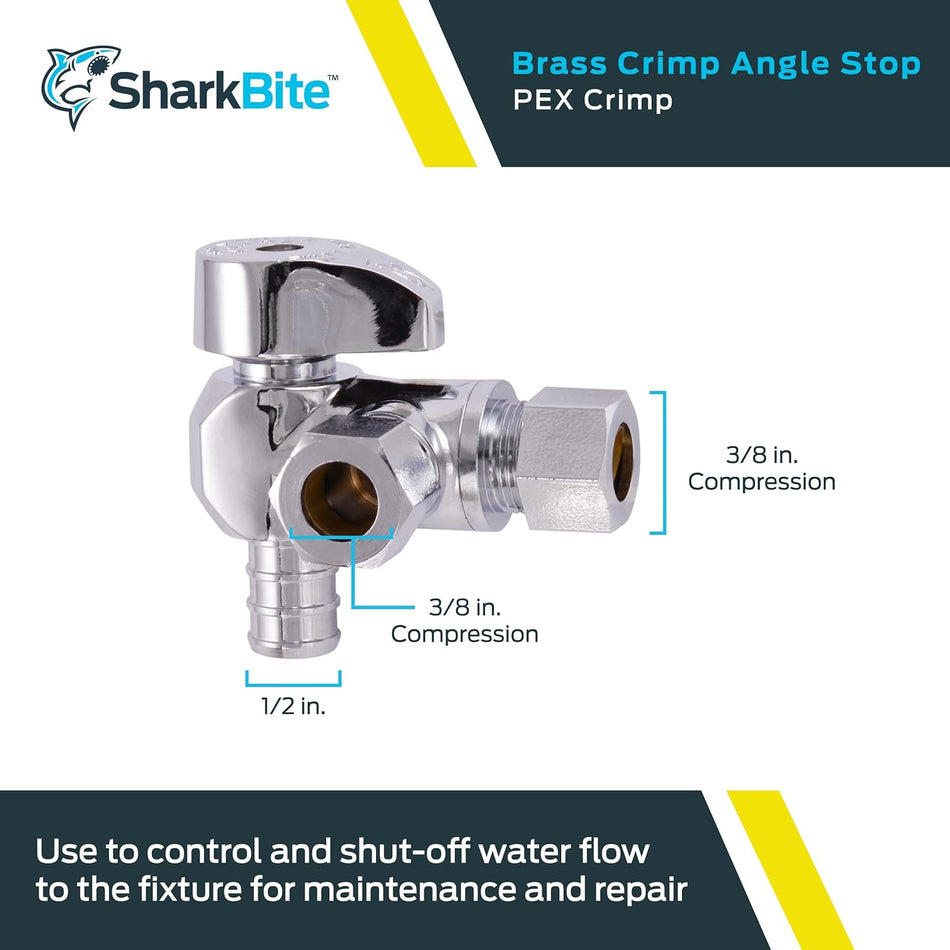 SharkBite 1/2 pulg. x 3/8 pulg. x 3/8 pulg. Tope de ángulo de salida doble de cuarto de vuelta de compresión de latón