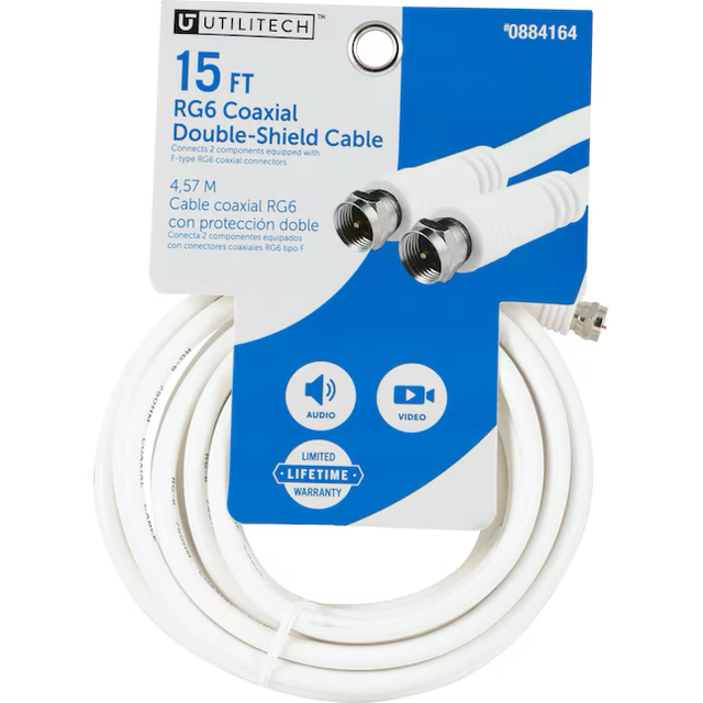 Cable coaxial blanco RG6 de 15 pies de Utilitech