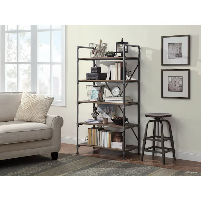 allen + roth Distressed Brown Metal 5-Shelf Bookcase (31.5-in W x 60-in H x 17.75-in D)