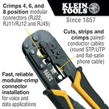 Crimpadora de cables de datos con trinquete, pelacables y cortadora de Klein Tools Crimpadora de cables de datos