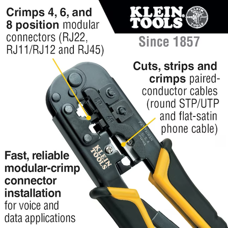 Klein Tools Ratcheting Data Cable Crimper / Stripper / Cutter Data Crimper