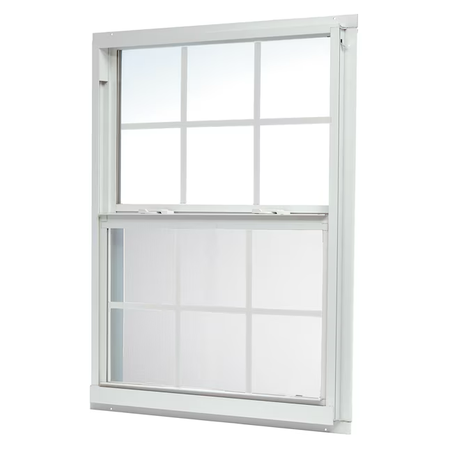 RELIABILT 46000 Serie Neubau 31-1/2 Zoll x 35-1/2 Zoll x 2-5/8 Zoll Pfosten Weißes Aluminium Low-E-Einfachfenster mit Gittern Halber Fliegengitter inklusive