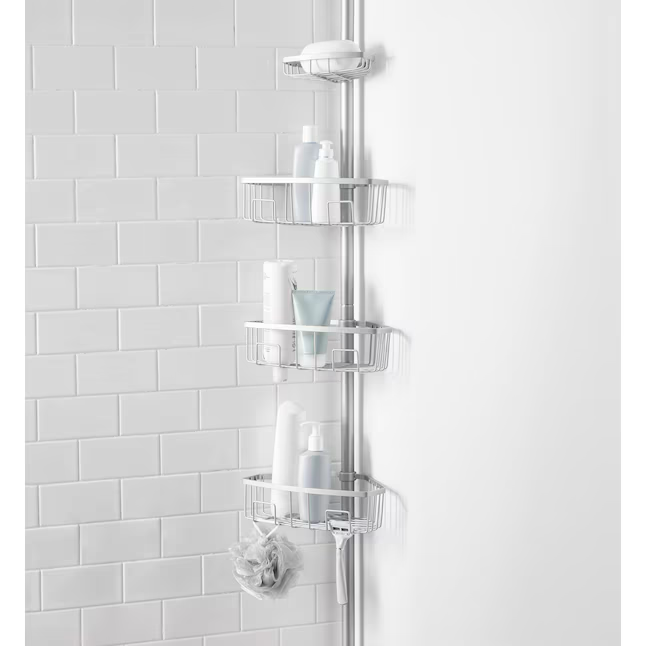 Style Selections Satin Nickel Steel 4-Shelf Tension Pole Freestanding Shower Caddy 10.5-in x 8.5-in x 66-in