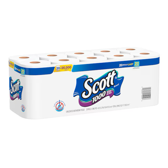 SCOTT Marine and RV Grade 1-Ply Toilet Paper, 20 Rolls, 1000 Sheets per Roll, Safe for Septic Tanks, 2096 Sq. Feet