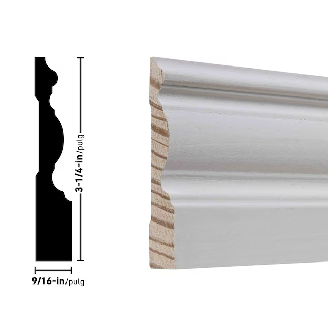 RELIABILT 9/16-in x 3-1/4-in x 8-ft Architectural Primed Pine 3322 Baseboard Moulding