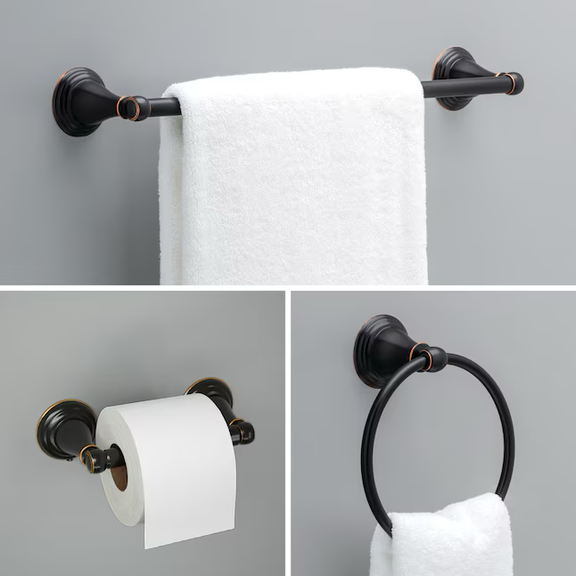 Juego de accesorios decorativos para baño de bronce frotado con aceite Windemere de 3 piezas de Delta con barra para toallas, soporte para papel higiénico y aro para toallas