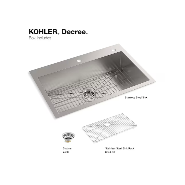 KOHLER Decree Dual-mount 33-in x 22-in Stainless Steel Single Bowl 2-Hole Kitchen Sink