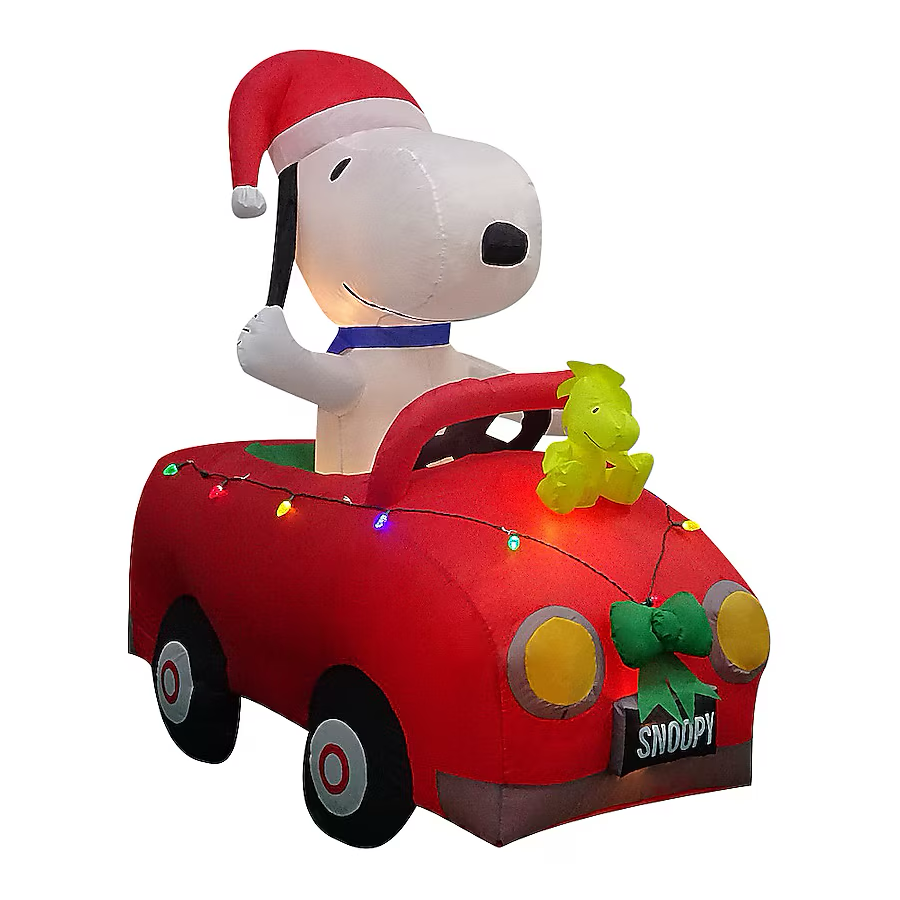 Inflable navideño de 6 pies con luces LED de Snoopy y Woodstock en el auto de Peanuts