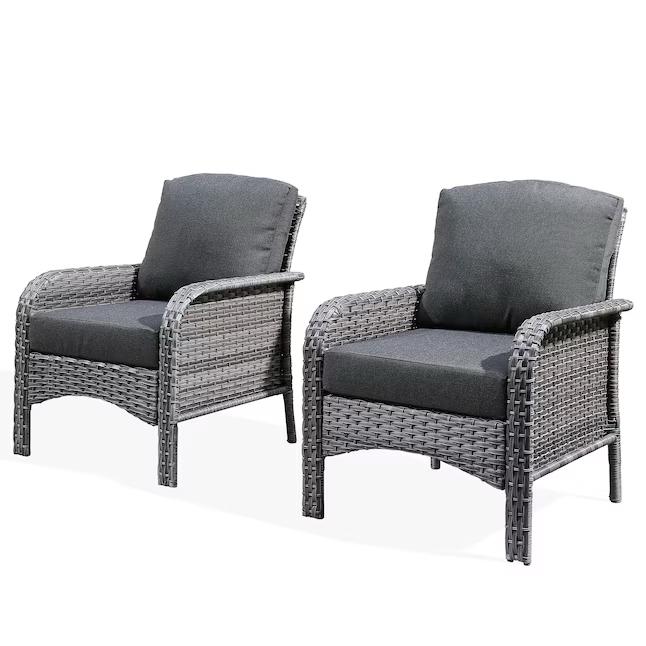 Ovios Set of 2 Wicker Black Metal Frame Stationary Conversation Chair with Black Cushioned Seat