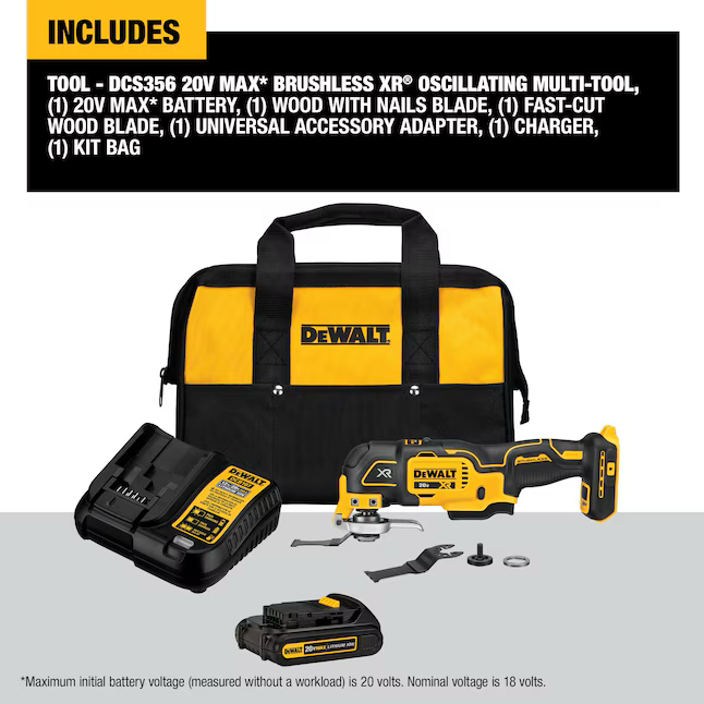 Kit de herramientas múltiples oscilantes de 6 piezas, sin escobillas, de 20 voltios y 3 velocidades, inalámbrico, DEWALT XR con estuche blando (1 batería incluida)