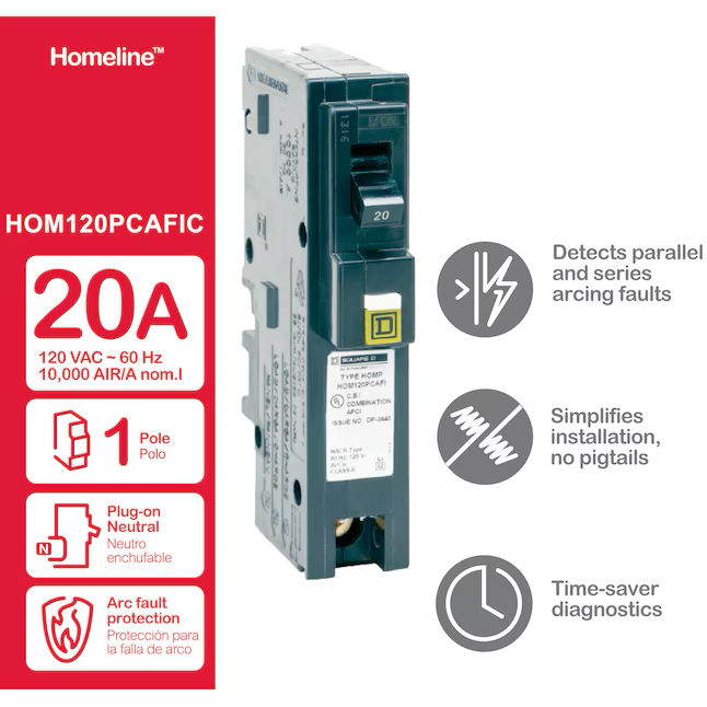 Square D Homeline 20-Amp 1-Pole Combination Arc Fault Plug-On Neutral Circuit Breaker