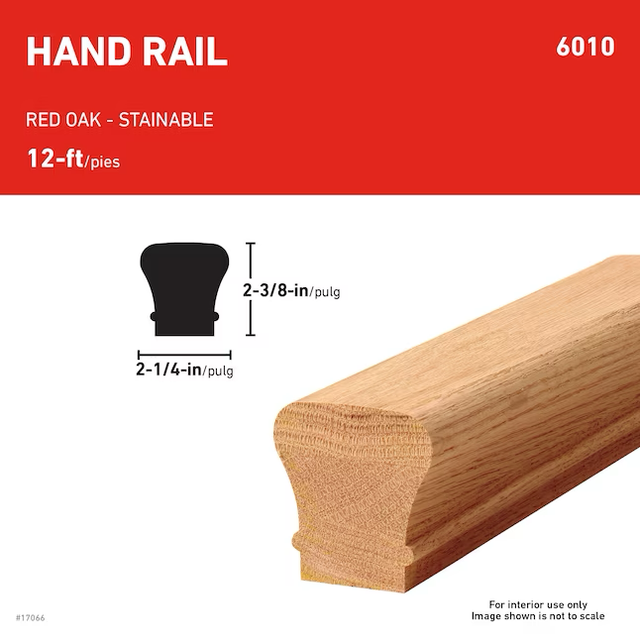 Pasamanos de madera de roble sin terminar de 2,25 x 144 pulgadas