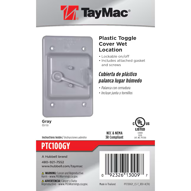 Cubierta para caja eléctrica resistente a la intemperie de plástico gris rectangular de 1 unidad Hubbell TayMac