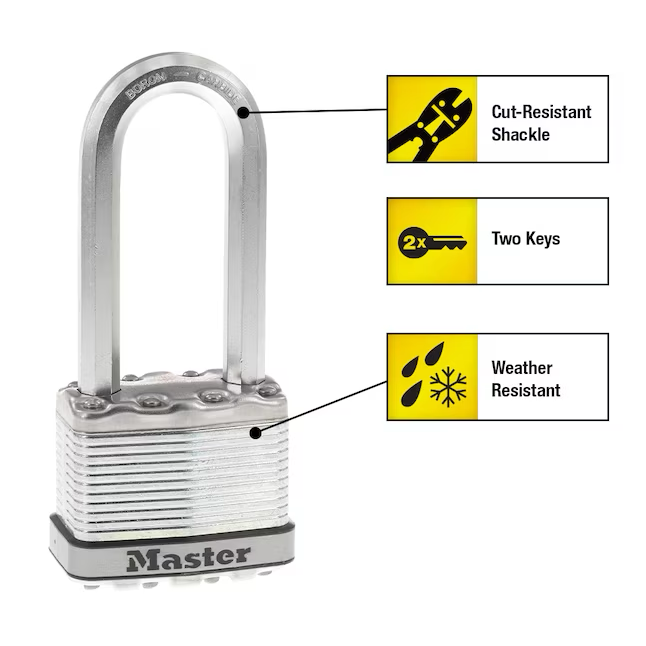 Candado con llave para exteriores de alta resistencia Master Lock, arco de 2 pulgadas de ancho x 2-1/2 pulgadas 