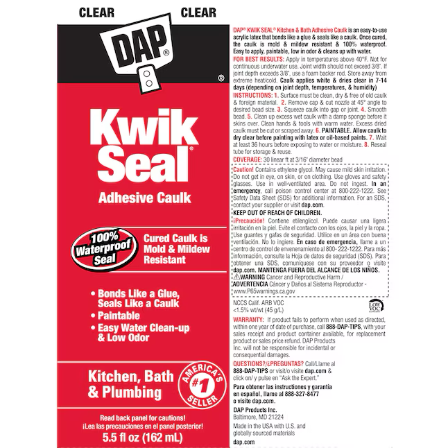 Dap 18008 Kwik Seal Kleber-Dichtungsmasse – transparent, 5,5 oz