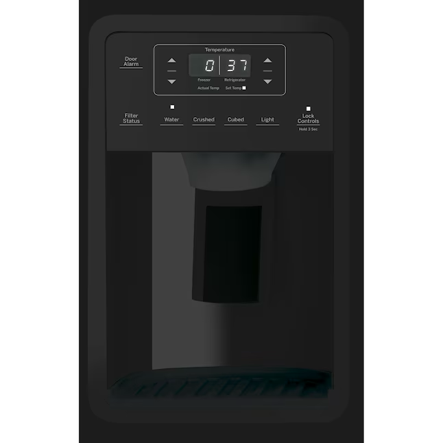 Refrigerador de dos puertas verticales GE de 25.3 pies cúbicos con máquina de hielo, dispensador de agua y hielo (negro)