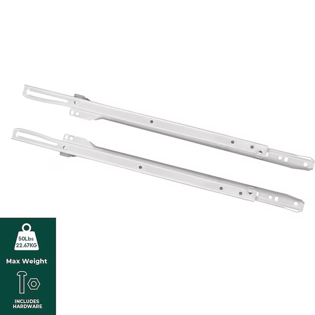 Corredera para cajón RELIABILT de 16 in y 3/4 de extensión, con cierre automático, montaje inferior, capacidad de carga de 50 lb, color blanco, 1 par (2 piezas)