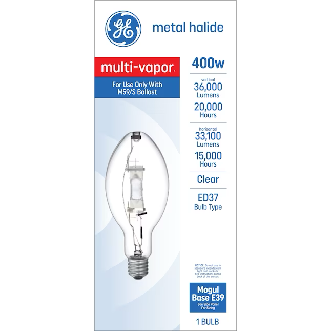 Bombilla de halogenuros metálicos GE EQ ED37 de 400 vatios con base Mogul (e-39) y luz blanca fría