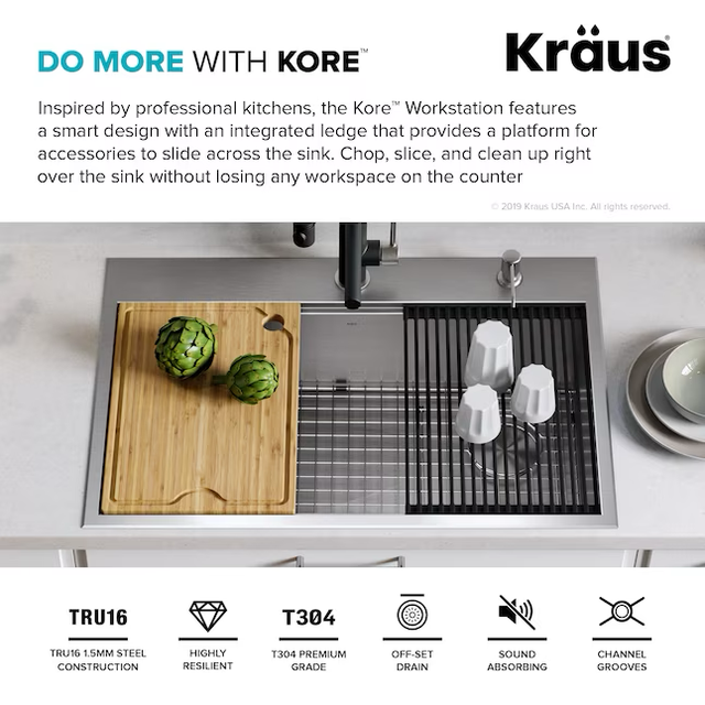 Kraus Kore Workstation Dual-mount 33-in x 22-in Stainless Steel Single Bowl 2-Hole Workstation Kitchen Sink