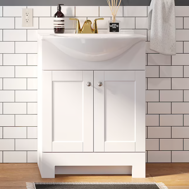 Style Selections Euro tocador de baño con lavabo individual blanco de 24 pulgadas con tapa de mármol cultivado blanco