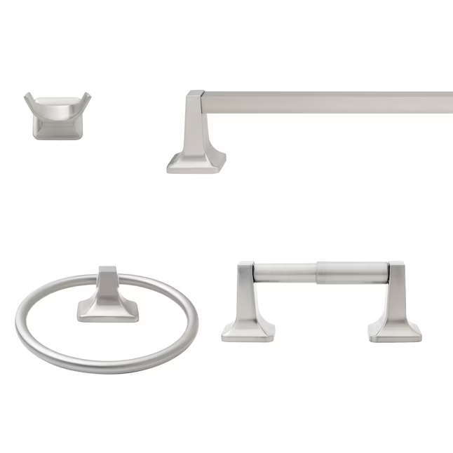 Project Source 4-Piece Seton Brushed Nickel Decorative Bathroom Hardware Set with Towel Bar, Toilet Paper Holder, Towel Ring and Robe Hook