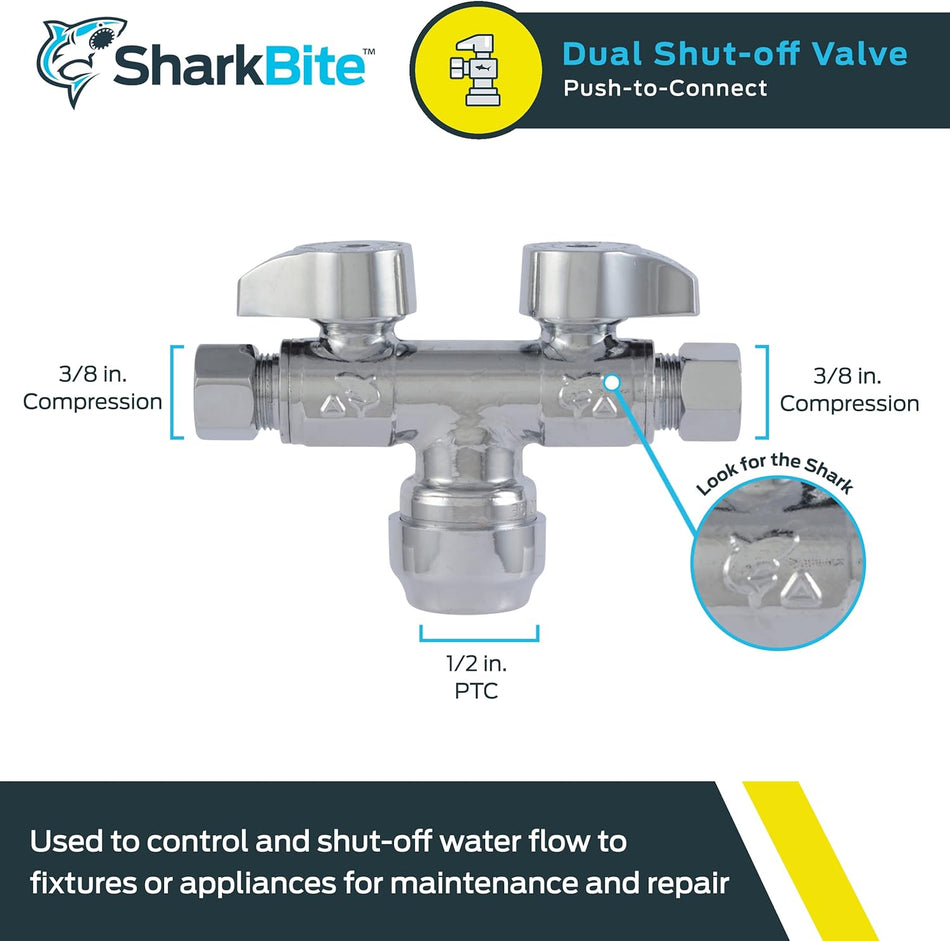 SharkBite 1/2 in. x 3/8 in. Compression x 3/8 in. Compression Brass Push Dual Shut-off Valve