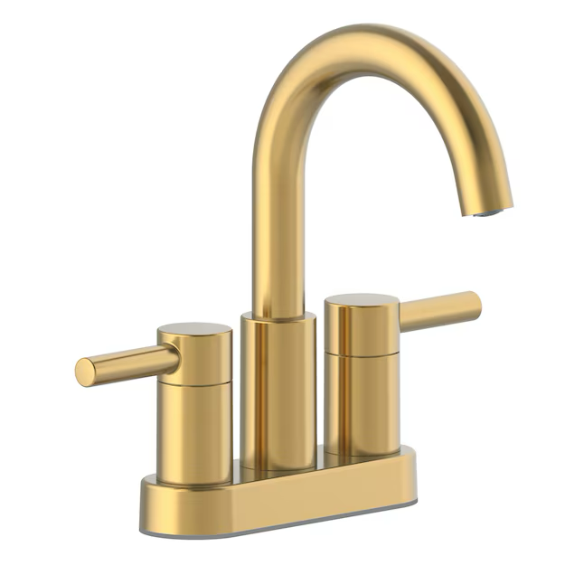 allen + roth Harlow Badezimmer-Waschbeckenarmatur mit 2 Griffen, WaterSense, 10,2 cm, Mittelset, gebürstetes Gold, mit Ablaufgarnitur und Deckplatte