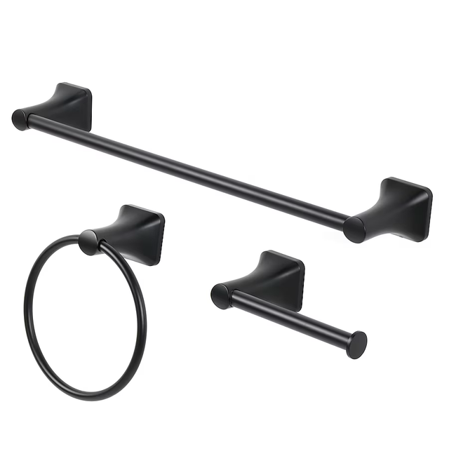 allen + roth 3-Piece Dunmore Matte Black Decorative Bathroom Hardware Set with Towel Bar,Toilet Paper Holder and Towel Ring