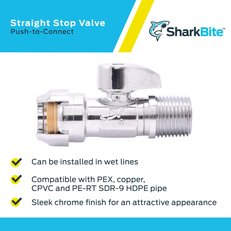 SharkBite 1/2 in. Push-to-Connect x 1/2 in. MIP Chrome-Plated Brass Quarter-Turn Straight Stop Valve