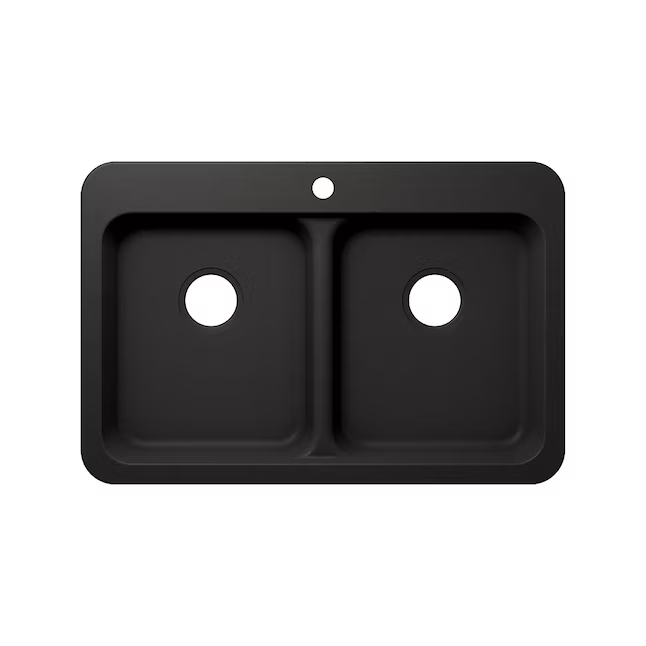 Allen + Roth Kenji Dual-mount 33-in x 22-in Nero Granite Double Equal Bowl 3-Hole Kitchen Sink