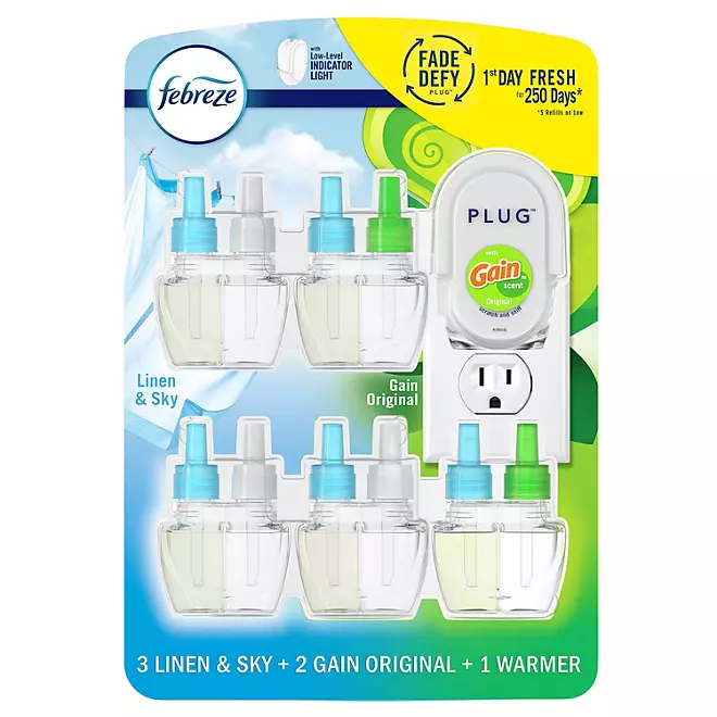 Ambientador Febreze Fade Defy PLUG, Linen &amp; Sky + Gain Original 1 calentador + 5 recambios