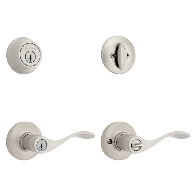 Einzylinder-Riegelriegel der Kwikset-Serie „Balboa“ aus satiniertem Nickel für Außentürgriffe mit Schlüssel und Smartkey-Kombipaket 