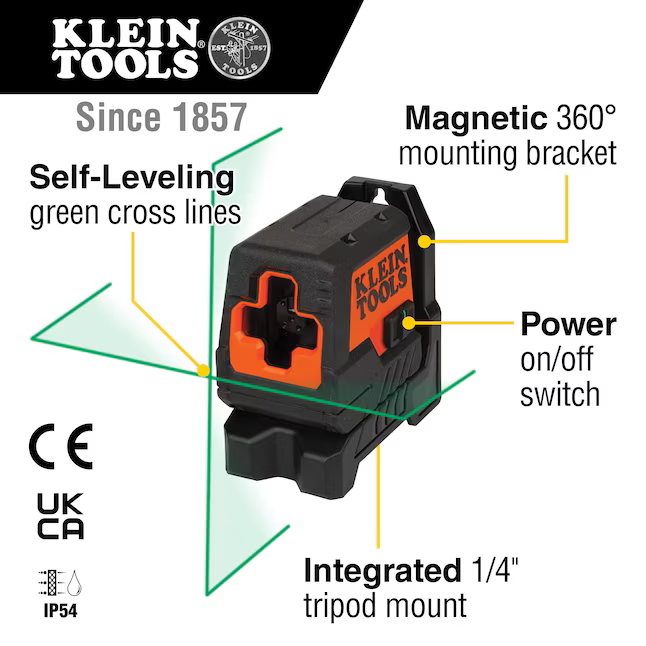 Nivel láser de líneas cruzadas de haz cruzado para interiores y exteriores, autonivelante, de color verde, de Klein Tools, de 50 pies (accesorios incluidos)