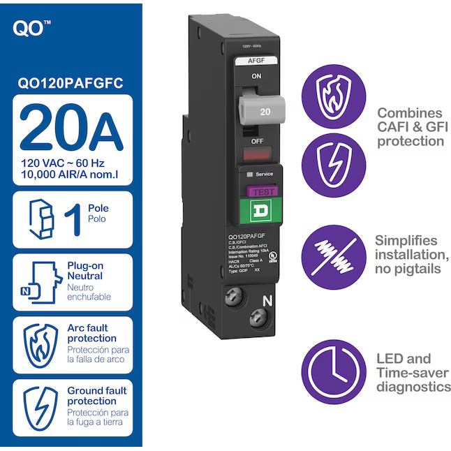 Square D QO 20-amp 1-Pole Dual Function Afci/Gfci Plug-on Neutral Circuit Breaker