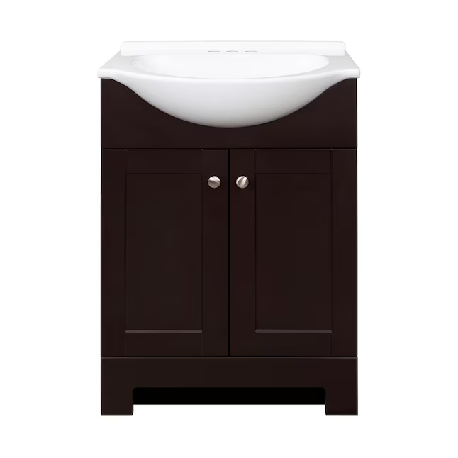 Style Selections Euro tocador de baño con lavabo individual de 24 pulgadas, color espresso, con tapa de mármol blanco cultivado