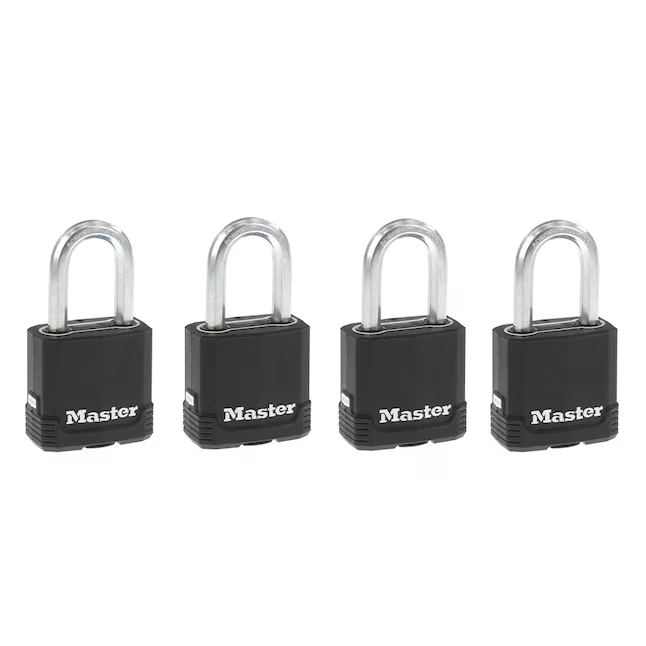 Master Lock Candado con llave para exteriores de alta resistencia, grillete de 1-7/8 pulgadas de ancho x 1-1/2 pulgadas con llaves iguales (paquete de 4)