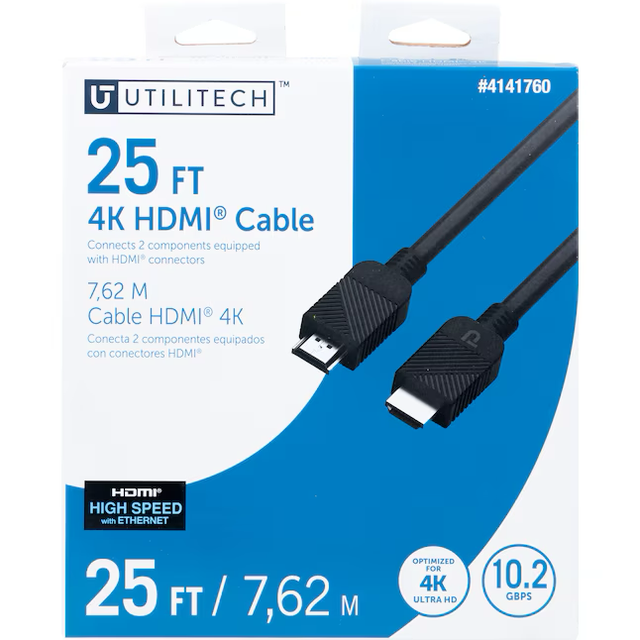 Cable HDMI a HDMI 4K Utilitech de 25 pies, color negro