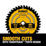 DEWALT 7-1/4 Zoll Kreissägeblatt aus Stahl mit 40 Zähnen und feiner Oberfläche und Wolframkarbidspitze