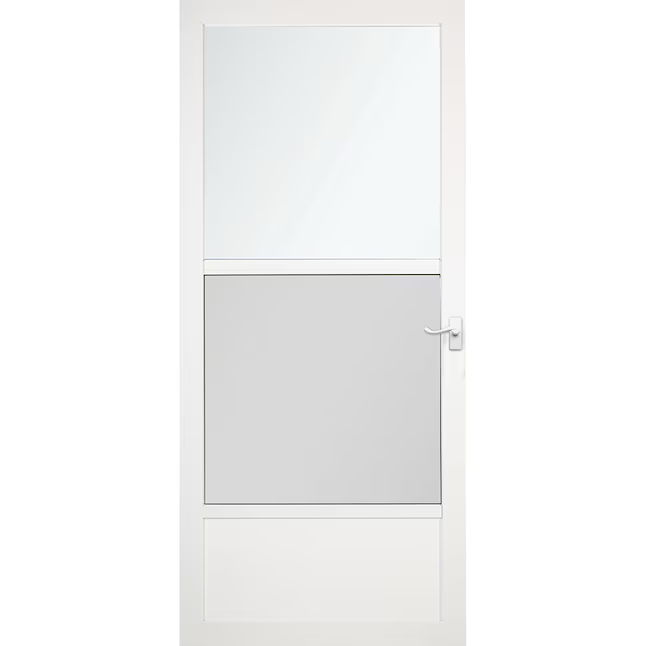 LARSON Southport Puerta contra tormentas de aluminio autoalmacenable con vista media, color blanco, de 36 x 81 pulgadas, con manija blanca