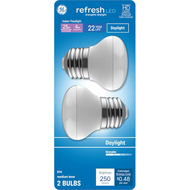 GE 25 Watt EQ R14 Tageslicht mittlerer Sockel (e-26) dimmbare LED-Glühbirne (2er-Pack)