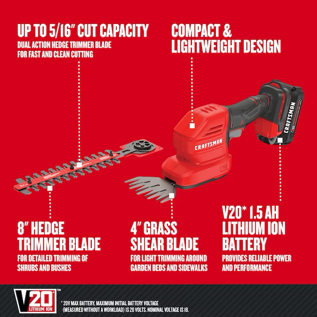 CRAFTSMAN Cortasetos con batería de 20 voltios máx., 8 pulgadas, 1,5 Ah (batería y cargador incluidos)