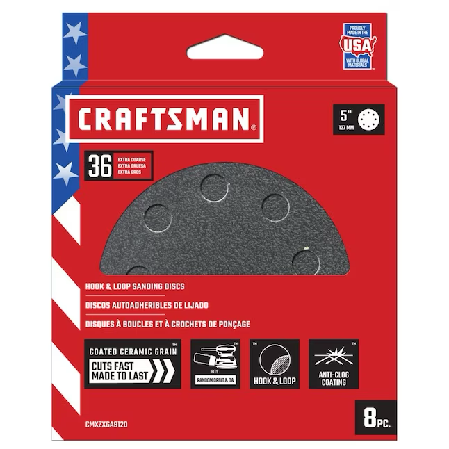 CRAFTSMAN Disco Cerámico de 5 pulgadas, 8H H/L, grano 36, paquete de 8, papel de lija de disco de grano 36 de alúmina cerámica de 8 piezas