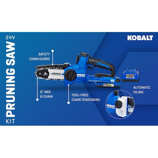 Motosierra Kobalt de 24 voltios, 6 pulgadas, batería sin escobillas, 2 Ah (batería y cargador incluidos)