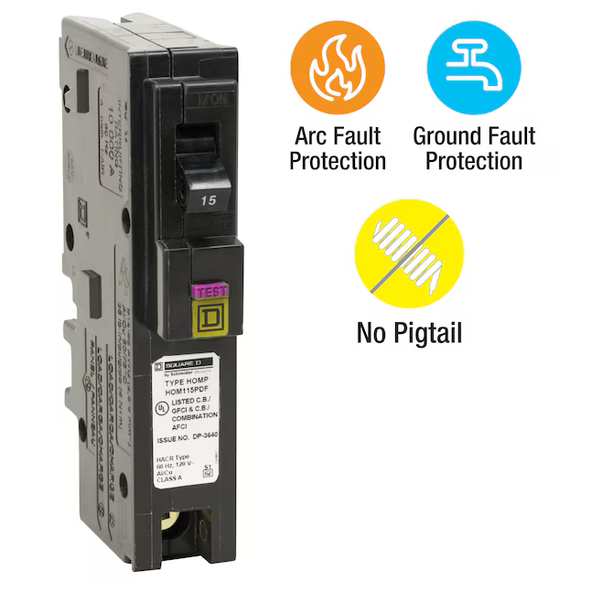 Square D Homeline 15 Ampere 1-poliger Doppelfunktions-AFCI/GFCI-Aufsteck-Neutralleiter-Leistungsschalter