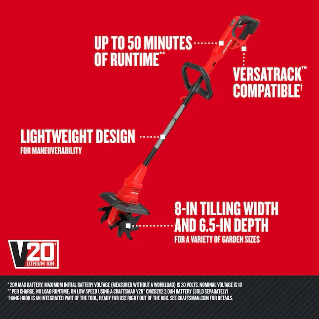 CRAFTSMAN V20 Cultivador eléctrico inalámbrico de iones de litio de 20 voltios con rotación hacia adelante (batería y cargador no incluidos)