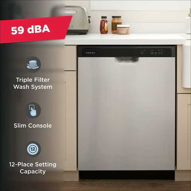 Amana Eco Series 24-in Front Control Built-In Dishwasher (Stainless Steel), 59-dBA Standard Sound Level