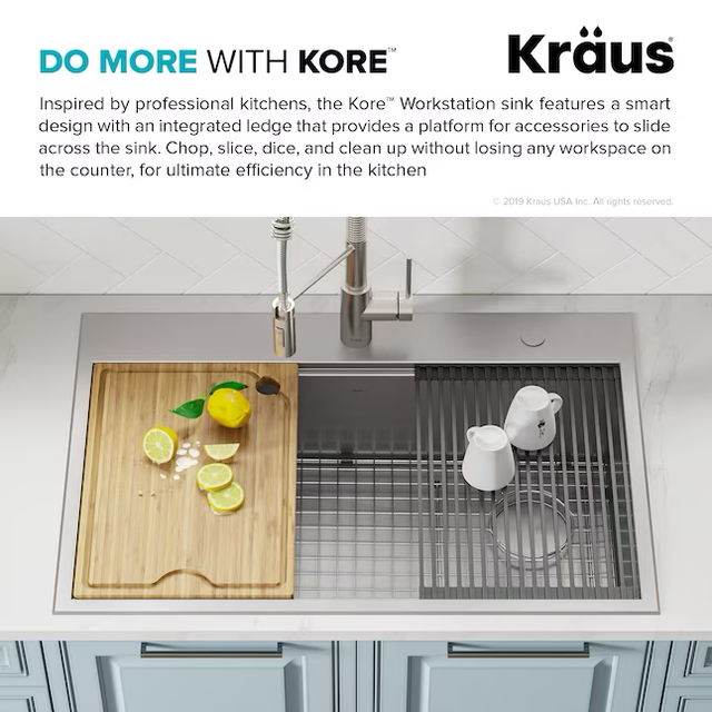 Kraus Kore Workstation Dual-mount 33-in x 22-in Stainless Steel Single Bowl 2-Hole Workstation Kitchen Sink